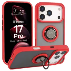 Etui z uchwytem na palec Bizon Case Hybrid Ring do Apple iPhone 17 Pro przydymione z czerwoną ramką