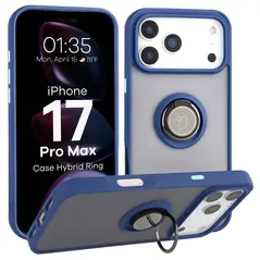 Etui z uchwytem na palec Bizon Case Hybrid Ring do Apple iPhone 17 Pro Max przydymione z granatową ramką