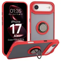 Etui z uchwytem na palec Bizon Case Hybrid Ring do Apple iPhone 17 Air przydymione z czerwoną ramką
