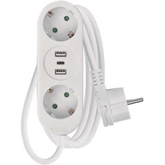 Ilgiklis 2 lizdu 1.4m, 2x USB + 1x USB-C (max galia 17W) 3x1.5 mm2 baltas EMOS