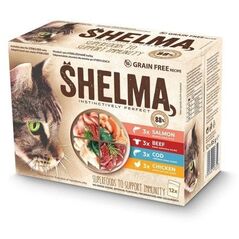 SHELMA saszetka - pełnoporcjowa bezzbożowa karma dla dorosłych kotów. Z kurczakiem, wołowiną, łososiem, dorszem 12x 85 g