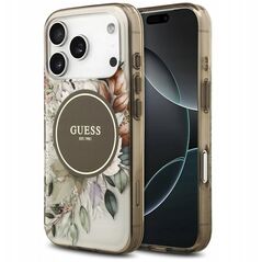 Etui Guess IML Flower & Tonal Circle MagSafe do iPhone 17 Pro brązowy