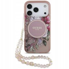 Etui Guess IML Flowers Pearl Strap MagSafe do iPhone 17 Pro różowy