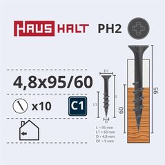 ΒΙΔΑ ΓΥΨΟΣΑΝΙΔΑΣ ΓΙΑ ΞΥΛΟ 4.8X95/60 10ΤΜΧ O2