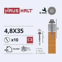 ΒΙΔΑ ΑΥΤΟΔΙΑΤΡΗΤΗ 4,8X35 ΓΙΑ ΞΥΛΟ+EPMD RAL9006 10ΤΕΜ