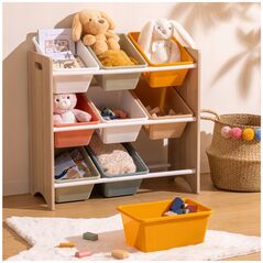 Ράφι με δοχεία για παιχνίδια, 9 πολύχρωμα κουτιά, 60 x 29,5 x 66 εκ.