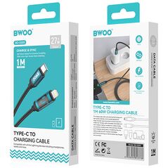 BWOO πλεκτό καλώδιο USB-C - USB-C 1m 60W με κινούμενο φωτισμό, μαύρο