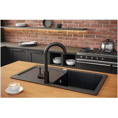 Νεροχύτης GraniteQ JOHNNY 116 GraniteQ νεροχύτης γρανίτης Pure Carbon 1-θέσης με/χωρίς (60x44x18,5) με σιφόνι μαύρο + μπαταρία Kate pure carbon + δοσομετρητής + Qmata