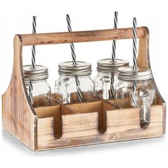 Ξύλινο κουτί για βάζα ποτών + 6 x βάζο με καλαμάκι, Zeller
