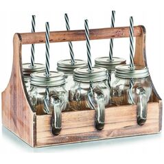 Ξύλινο κουτί για βάζα ποτών + 6 x βάζο με καλαμάκι, Zeller