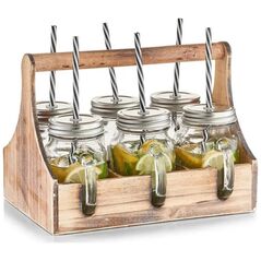 Ξύλινο κουτί για βάζα ποτών + 6 x βάζο με καλαμάκι, Zeller
