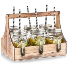 Ξύλινο κουτί για βάζα ποτών + 6 x βάζο με καλαμάκι, Zeller
