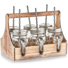 Ξύλινο κουτί για βάζα ποτών + 6 x βάζο με καλαμάκι, Zeller