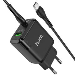 Hoco Incarcator Priza USB-A, Type-C, Q.C 3.0, PD 20W, 3A + Cablu Type-C - Hoco Favor (N5) - Black 6931474738936 έως 12 άτοκες Δόσεις