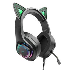 Hoco Casti Gaming Jack 3.5mm cu LED si Microfon - Hoco Cat Ears (W107)  - Black / Green 6931474791269 έως 12 άτοκες Δόσεις