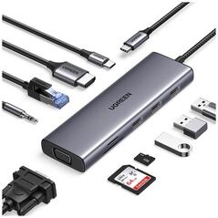 Ugreen Hub USB-C la Type-C, 3x USB, HDMI, RJ45, Jack 3.5mm, VGA, TF, SD Card - Ugreen (15601) - Gray 6941876216017 έως 12 άτοκες Δόσεις