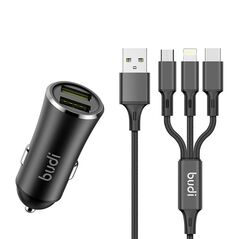 Budi Budi Car Charger, 2x USB, 2.4A + 3in1 USB to USB-C / Lightning / Micro USB Cable (Black) 050608 6971536924532 627T3 έως και 12 άτοκες δόσεις