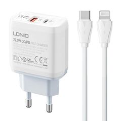 LDNIO Wall charger  LDNIO A2421C USB, USB-C 22.5W + USB-C - Lightning cable 042727  A2421C Type C to lig έως και 12 άτοκες δόσεις 5905316141988