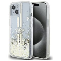 Guess case for iPhone 15 Plus 6,7&quot; GUHCP15MLFCSEGT transparent HC LIQ. GLITTER GOLD STRIPES 3666339223953