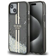 Guess case for iPhone 15 Plus 6,7&quot; GUHCP15MLFCSEGK black HC LIQ. GLITTER GOLD STRIPES 3666339223533