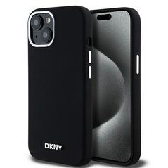 DKNY case for iPhone 15 6,1&quot; DKHMP15SSMCHLK black HC Magsafe silicone w horizontal metal logo 3666339265717