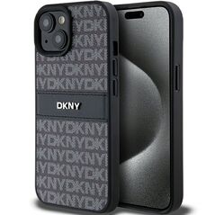 DKNY case for iPhone 15 Plus 6,7&quot; DKHCP15MPRTHSLK HC PU black repeat texture pattern w tonal stripe 3666339260408