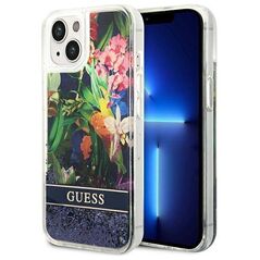Case IPHONE 14 PLUS Guess Hardcase Flower Liquid Glitter blue 3666339066093