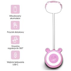 LED Teddy bear desk Lamp 3W, 3000/4500/6000K, adjustable, 1200mAh, pink,  LTC 5902270787740