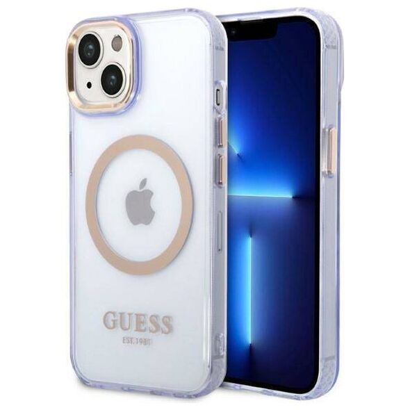 Original Case IPHONE 14 Guess Hard Case Gold Outline Translucent MagSafe (GUHMP14SHTCMU) purple 3666339069544
