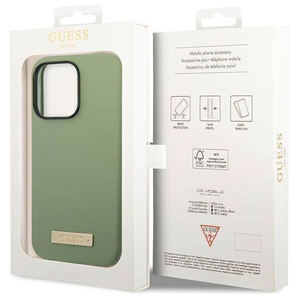 Original Case IPHONE 14 PRO MAX Guess Hard Case Silicone Logo Plate MagSafe green 3666339070496