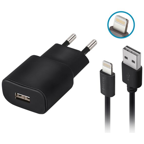 Forever TC-01 charger 1x USB 2A black + Lightning cable 5900495623324