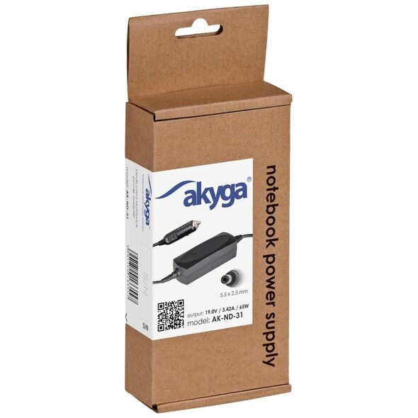 Akyga AK-ND-31 car notebook power supply dedicated for Asus / Toshiba (19 V | 3,42 A | 65 W | 5,5 x 2,5 mm) 5901720133557