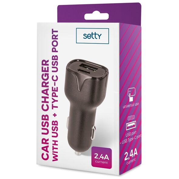 Setty car charger 1x USB 1x USB-C 2,4A black 5900495758477