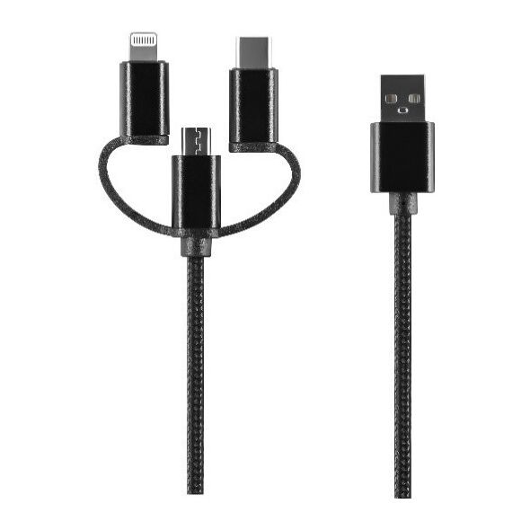 Setty 3in1 cable USB - Lightning + USB-C + microUSB 1,0 m 2A black nylon DT 5900495925626