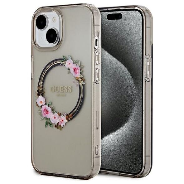 Guess case for iPhone 15 6,1&quot; GUHMP15SHFWFCK black HC MAGSAFE IML FLOWERS WREATH 3666339221287