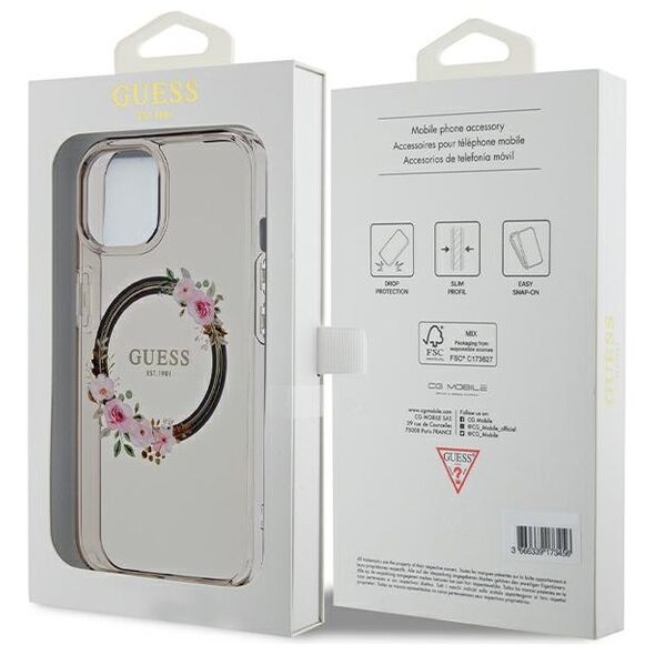 Guess case for iPhone 15 6,1&quot; GUHMP15SHFWFCK black HC MAGSAFE IML FLOWERS WREATH 3666339221287