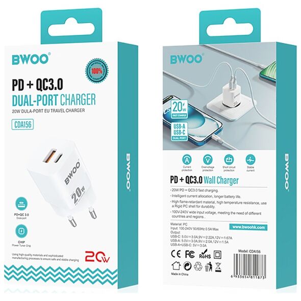 BWOO 20W mini wall charger CDA156 USB-C, USB-A 6933654811873