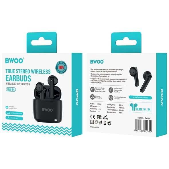 BWOO wireless TWS earphones BW94-BK black 6933654811620