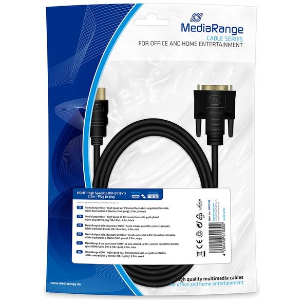 Καλώδιο MediaRange HDMI to DVI connection cable, gold-plated, HDMI plug/DVI-D plug (18+1 Pin), 2.0m, black (MRCS185) έως 12 άτοκες Δόσεις