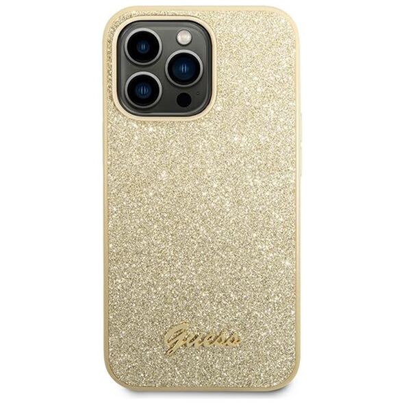 Guess case for iPhone 14 Pro 6,1&quot; GUHCP14LHGGSHD gold PC/TPU Glitter Flakes case Script Metal Logo 3666339065102
