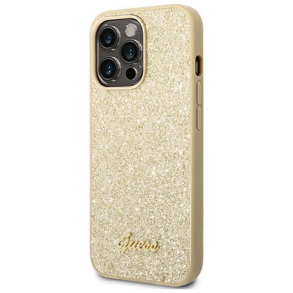 Guess case for iPhone 14 Pro 6,1&quot; GUHCP14LHGGSHD gold PC/TPU Glitter Flakes case Script Metal Logo 3666339065102
