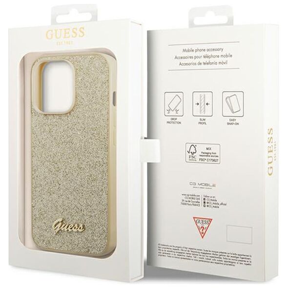 Guess case for iPhone 14 Pro 6,1&quot; GUHCP14LHGGSHD gold PC/TPU Glitter Flakes case Script Metal Logo 3666339065102