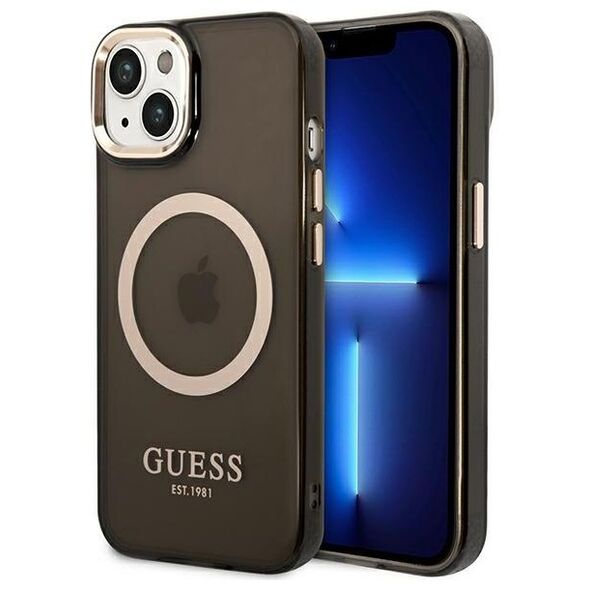 Guess case for iPhone 14 Pro 6,1&quot; GUHMP14LHTCMK black HC Magsafe Gold Outline Translucent 3666339069605