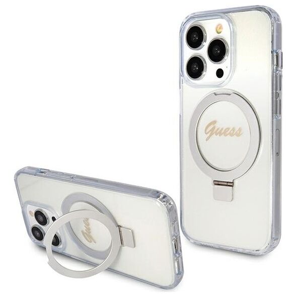 Guess case for iPhone 15 Pro 6,1&quot; GUHMP15LHRSGSD transparent HC RING STAND MAGSAFE SCRIPT LOGO GLITTER 3666339156626