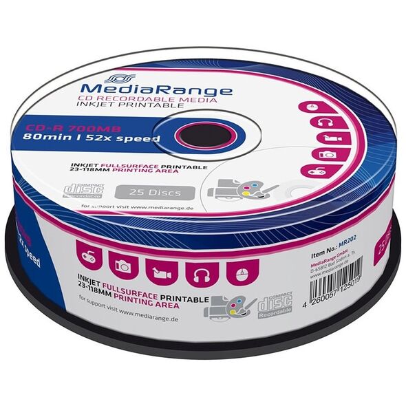 MediaRange CD-R 80' 700MB 52x Inkjet Fullsurface Printable Cake x 25 (MR202) έως 12 άτοκες Δόσεις