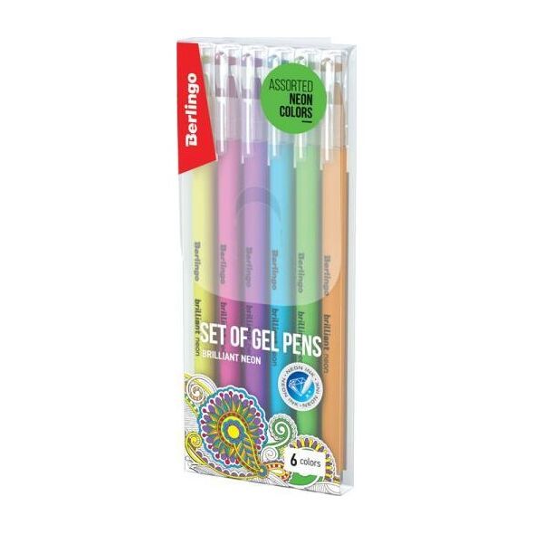 Berlingo Długopisy żelowe neonowe 6szt 0,8mm Neon