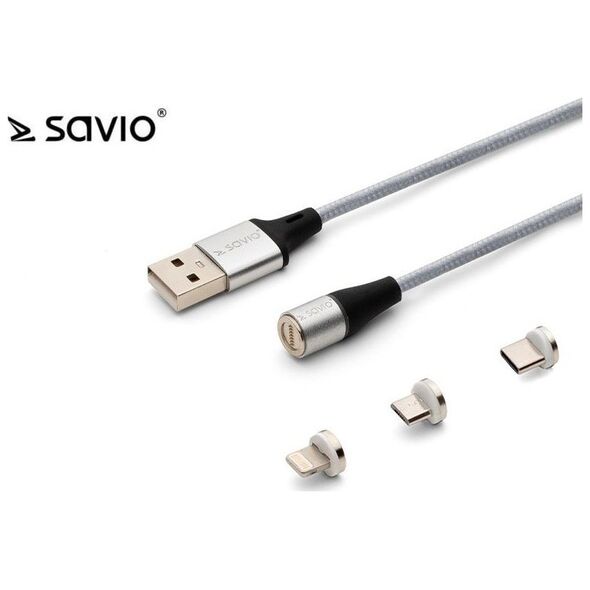 Kabel USB Savio USB-A - USB-C + microUSB + Lightning 1 m Srebrny (1_790966)