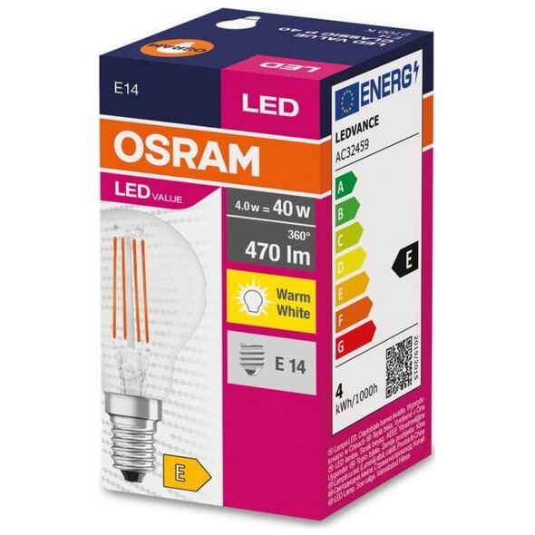 Ledvance Żarówka LED E14 4W/827 E14 VALUE CL P FIL 40 non-dim 4W/827 4058075438590