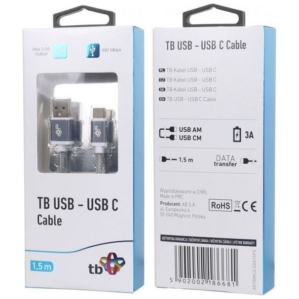 Kabel USB TB Print USB-A - USB-C 1.5 m Szary (AKTBXKUCSBA15PS)