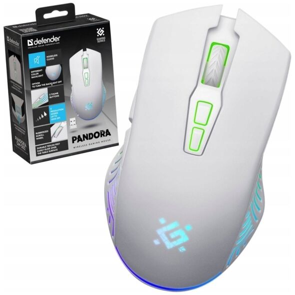 Mysz Defender Mysz bezprzewodowa Defender PANDORA GM-502 optyczna 3200dpi biała RGB AKUMULATOR 7 przycisków Gaming bezklikowa silent